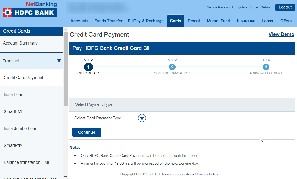 Netbanking से Credit Card bill Payment 